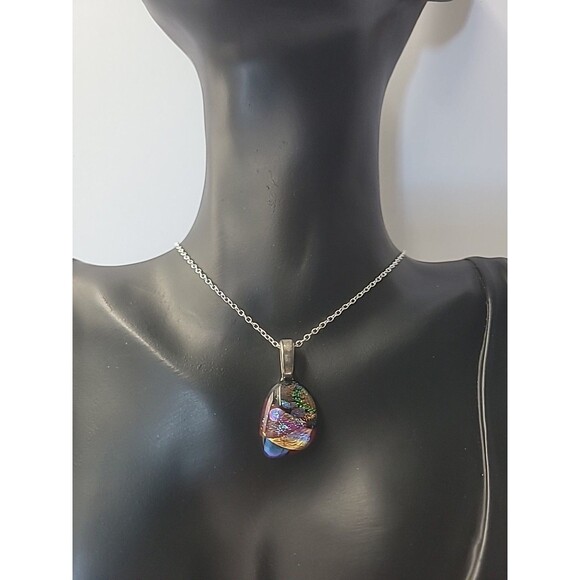 Vintage Handcrafted Dichroic Glass Pendant Necklace Iridescent Rainbow Art Glass - Picture 3 of 12
